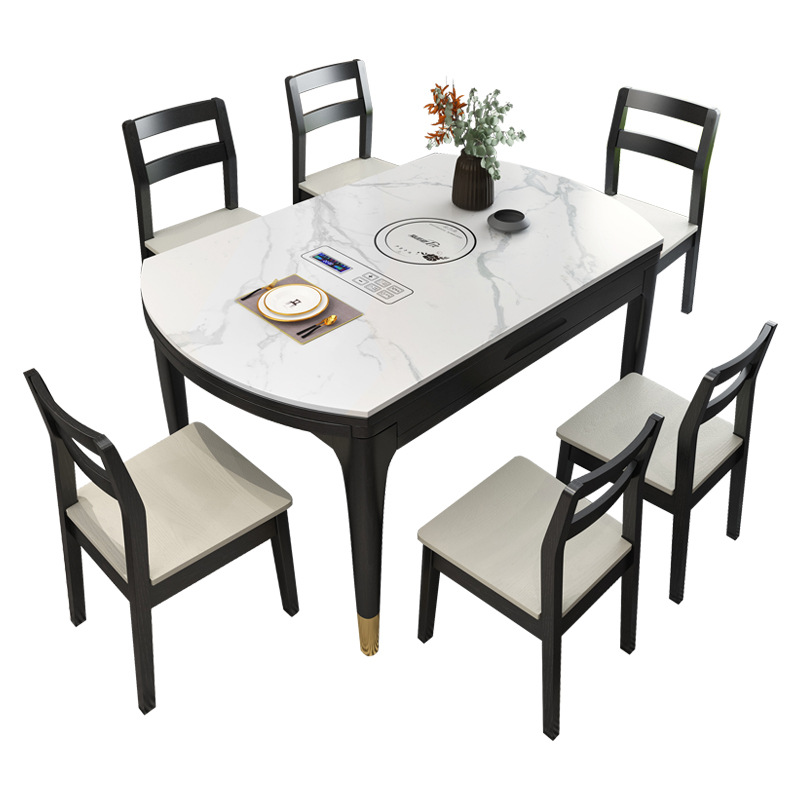 Rock slab solid wood dining table, marble pattern telescopic folding