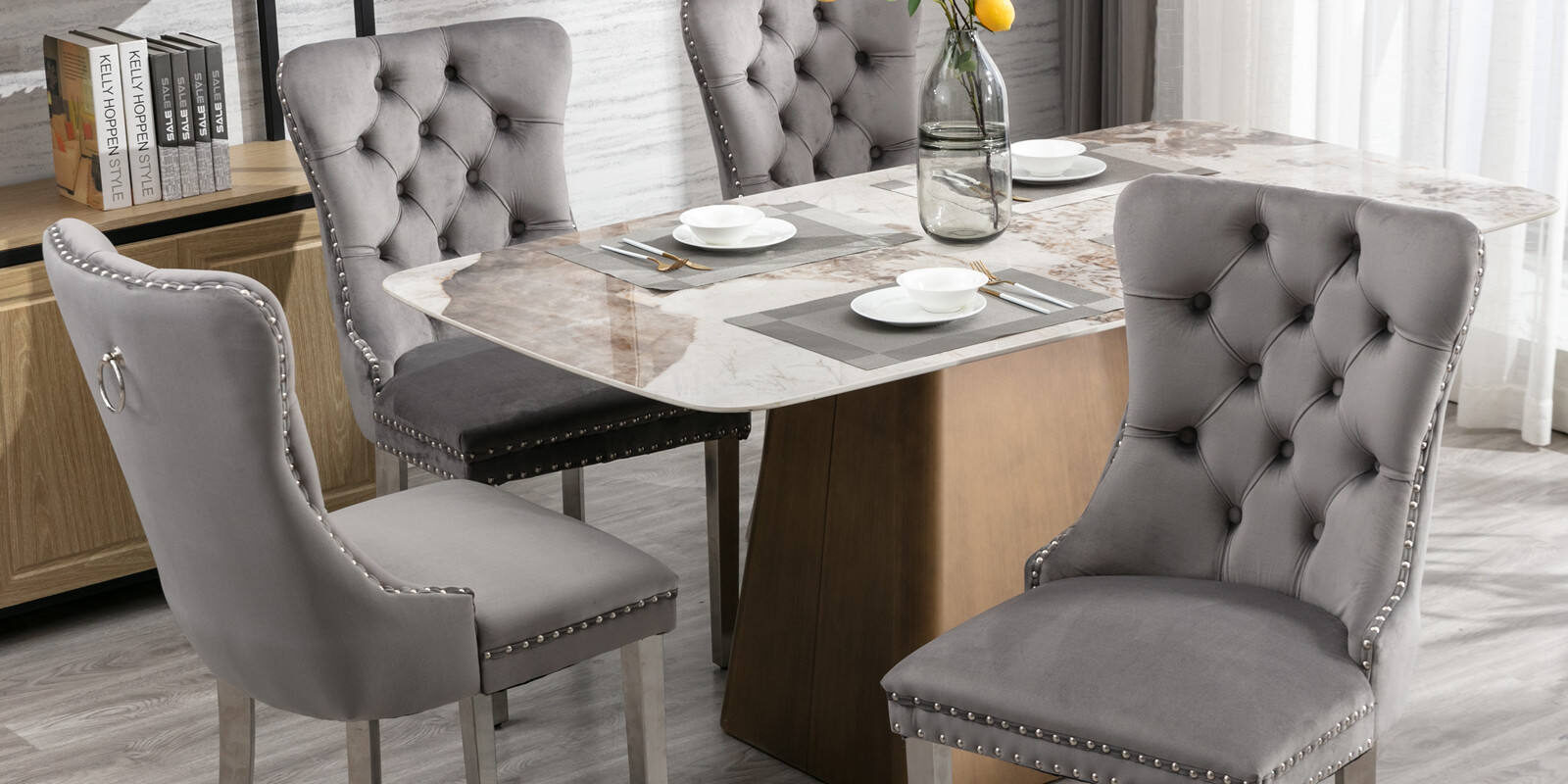 Modern gray velvet tufted dining chair