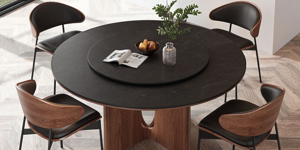 Round dining table in dark walnut