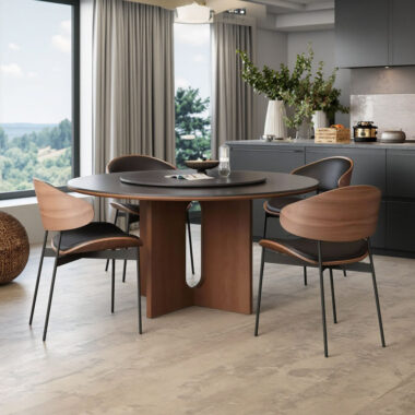Round dining table in dark walnut
