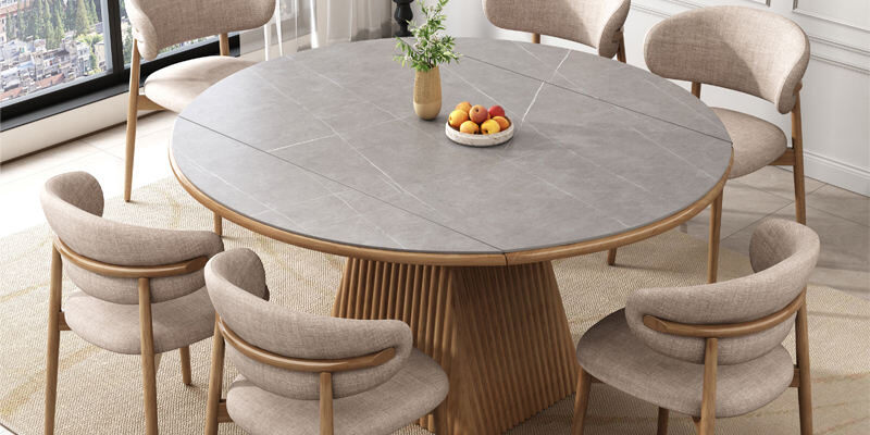 round extendable sintered stone wooden dining table